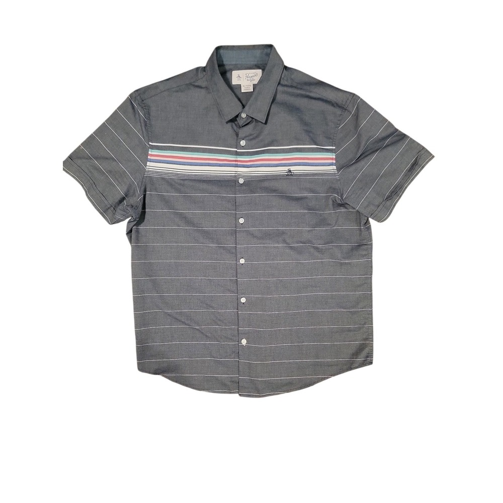 Penguin‎ Mens XL Gray Striped Short Sleeve Button Down Shirt EUC